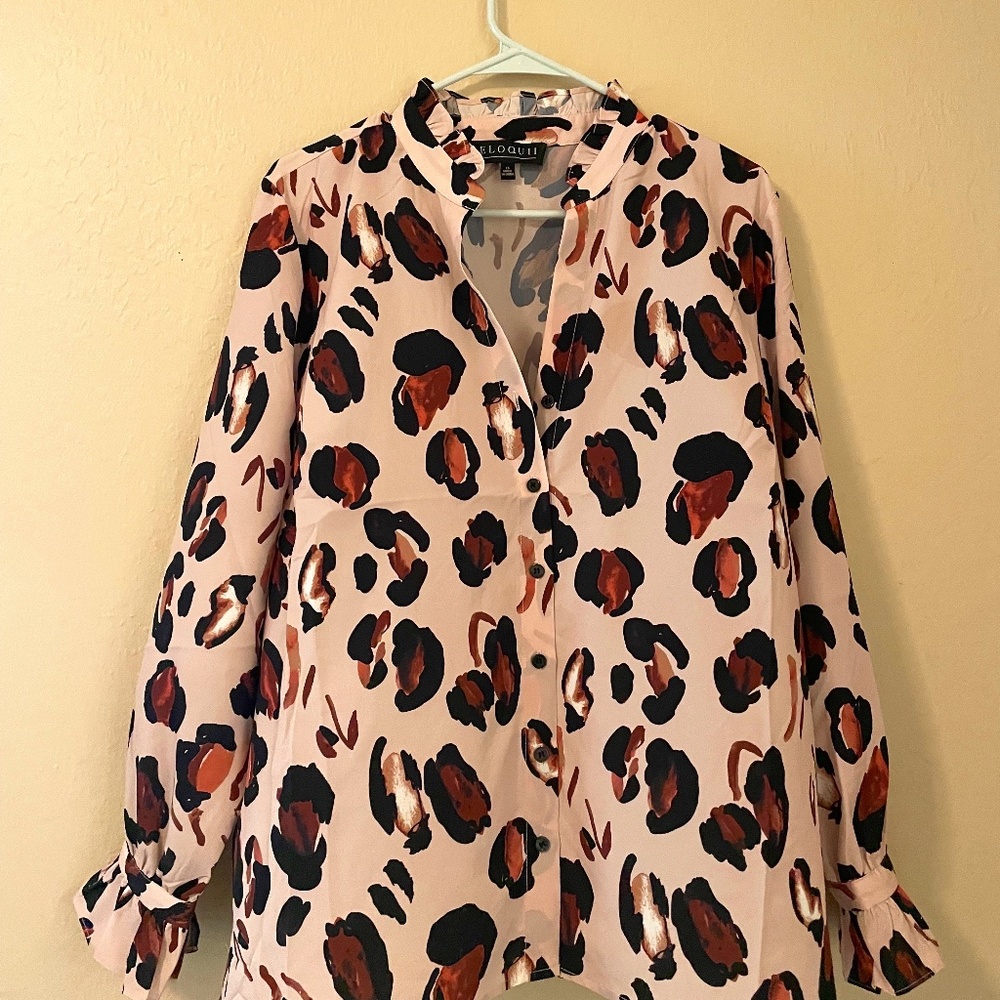 ELOQUII Leopard Print Button Down Shirt with Ruffle Neck